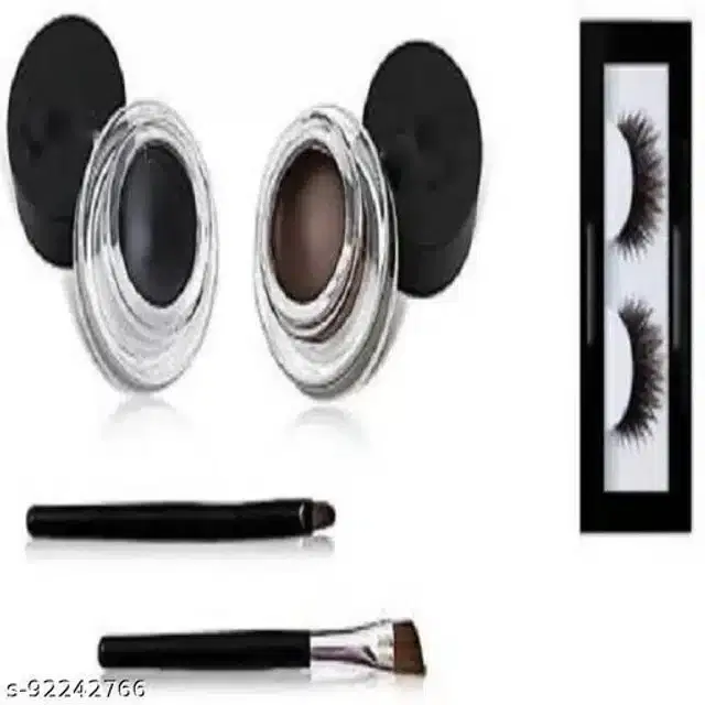 Gel Eye Liners 2 Pcs with 2 Pcs Brushes & False Eye Lash, Black & Brown, Set of 3