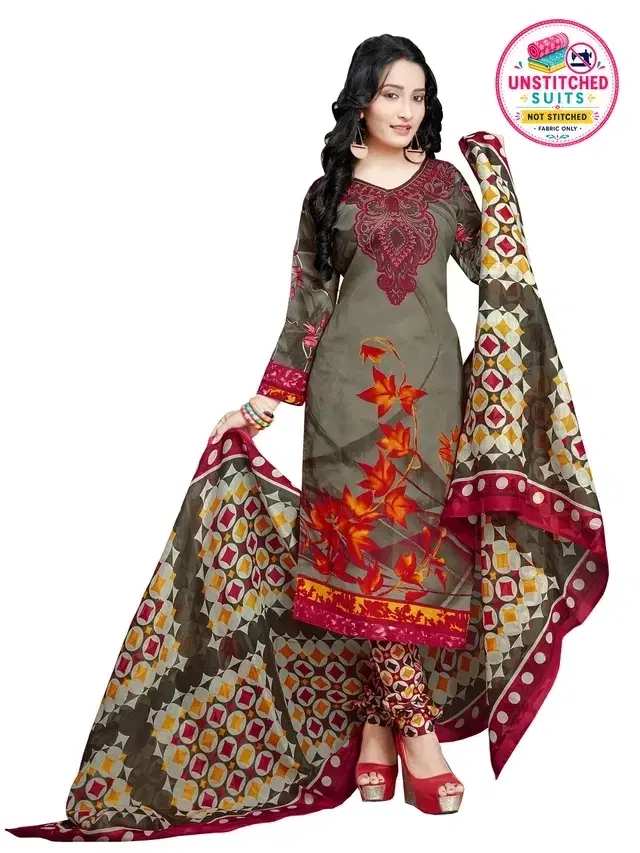 Cotton Blend Printed Unstitched Suit with Dupatta for Women, Green