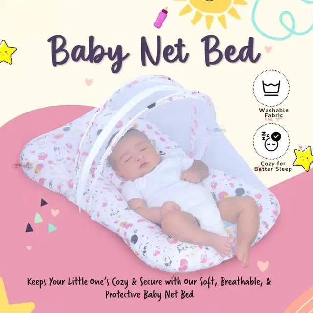 Mini Baby Bed with Mosquito and Insect Protection Net, Portable Mattress with Zip Closure & Pillow  0-6 Months-Unisex (Pack of 1, Pink)