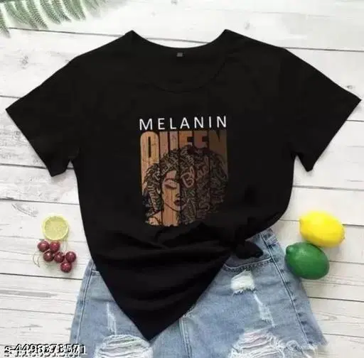 Cotton Blend Printed T-shirt for Women, Black (XXS)