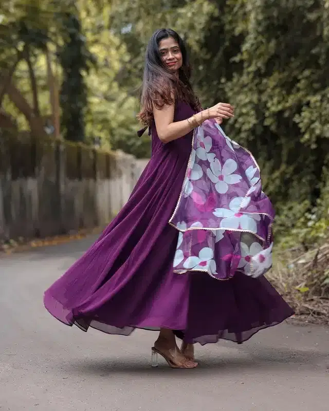 Anarkali Georgette Solid Gown with Dupatta for Women (Purple, S)