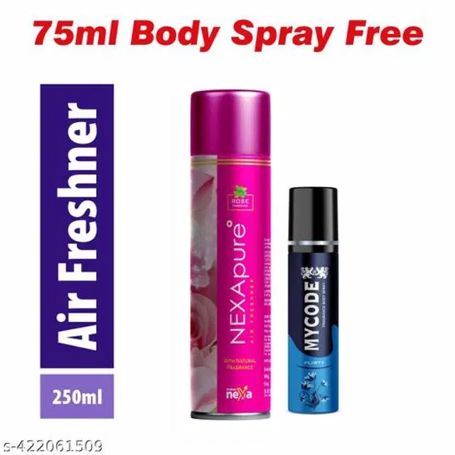 Nexa Rose Air Freshener, 250 ml with MYCODE Flirty Body Spray, 75 ml, Set of 2