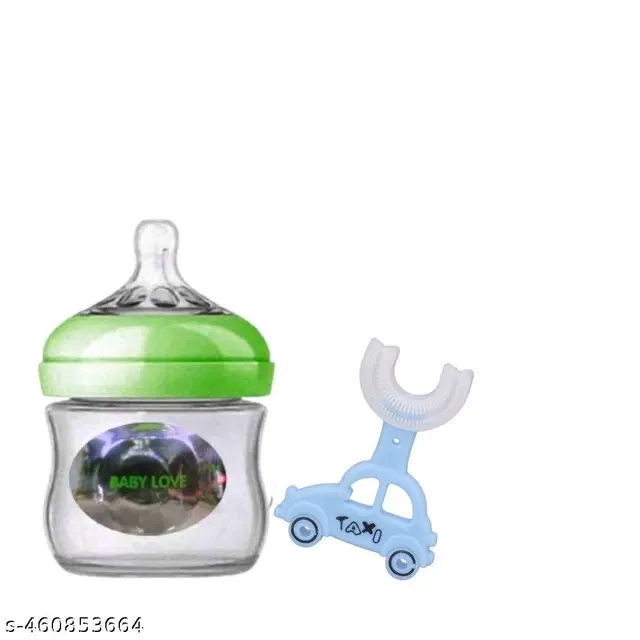 Combo of Milk Bottle, 120 ml & U Shaped Toothbrush for Baby, Multicolor, Set of 2