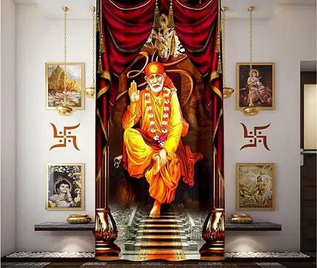 Digital Printed Pooja Room Curtain, Multicolor, 4x7 feet