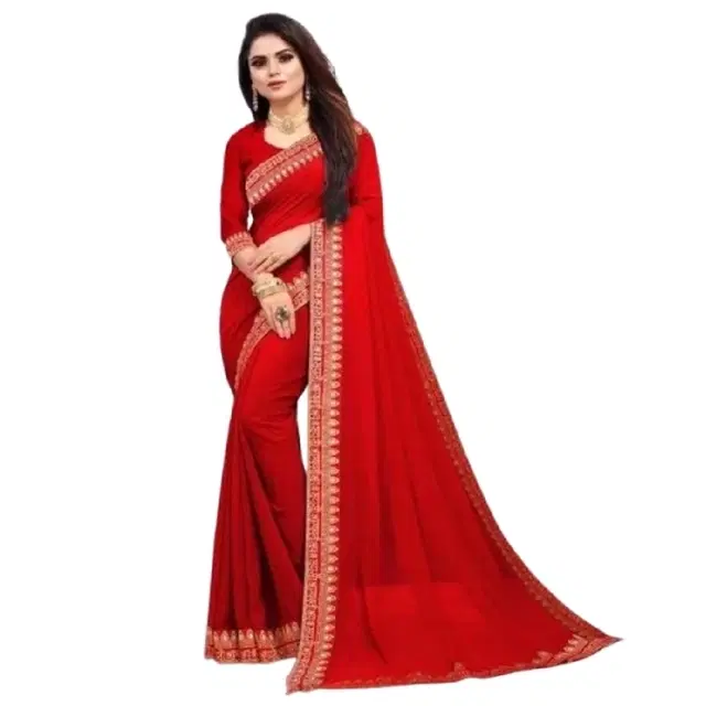 Vichitra Silk Lace Saree for Women, Red