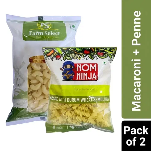 Farm Select Macaroni 350 g (100 % Sooji) + Nom Ninja Penne Pasta 400 g (100 % Sooji)
