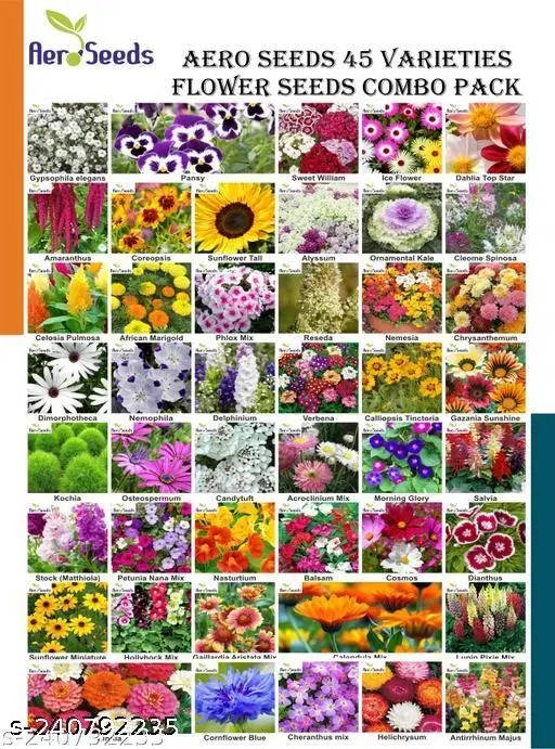 Aero Seeds 45 variety flower seeds combo pack with instruction manual.