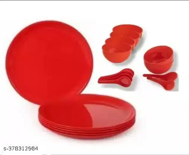Plastic 6 Pcs Plates with 6 Pcs Spoons & 6 Pcs Bowls, 250 ml, Red, Set of 3