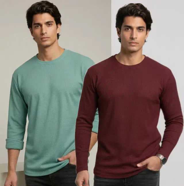 Polyester T-shirt for Men, Aqua & Maroon, Pack of 2 (M)