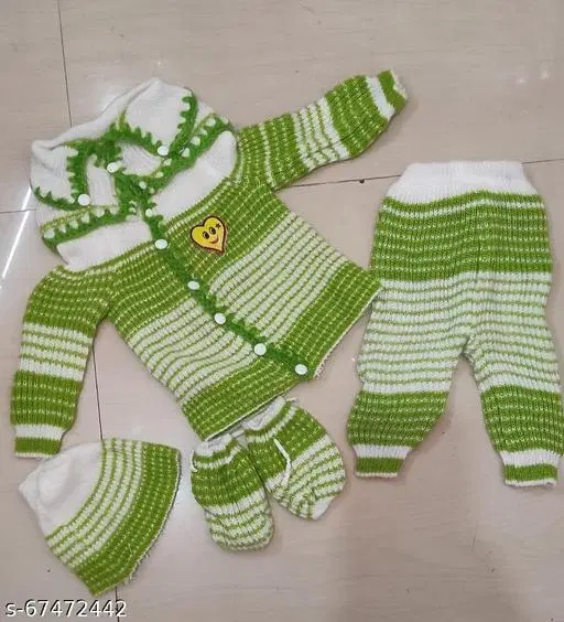 Acrylic Striped Clothing Set for Girls, Set of 1 (Green & White, 3-6 Months)