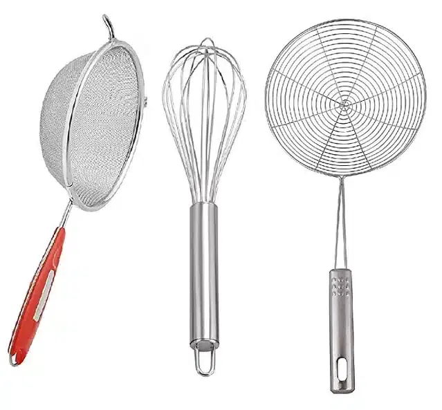 Stainless Steel Strainer with Egg Beater & Food Strainer, Silver, Set of 3