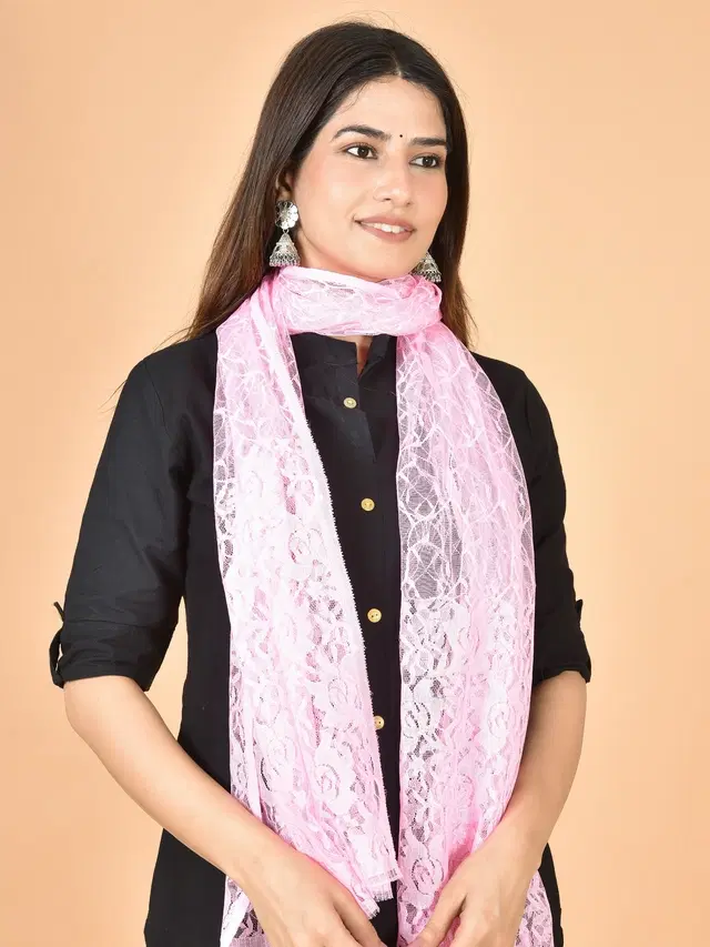 Net Self-Design Dupatta for Women (Baby Pink, 2.2 m)