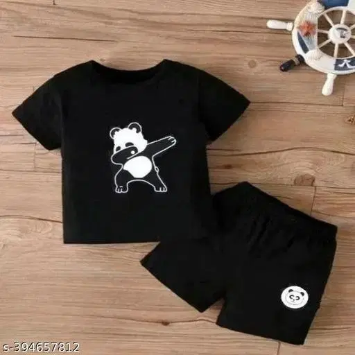 Cotton Blend Printed Clothing Set for Boys, Black (6-7 Years)