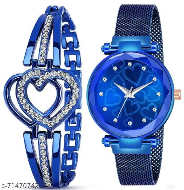 Analog Watch with Bracelet for Women, Set of 2 (Multicolor)