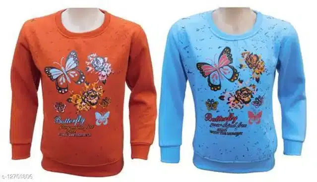 Fleece Printed Full Sleeves Round Neck Sweatshirts for Girls, Pack of 2 (Orange & Sky Blue, 2-3 Years)