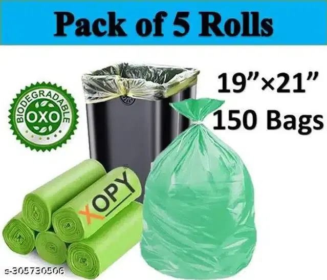 Biodegradable 30 Pcs Garbage Bags, Green, 19x21 inches, Pack of 5