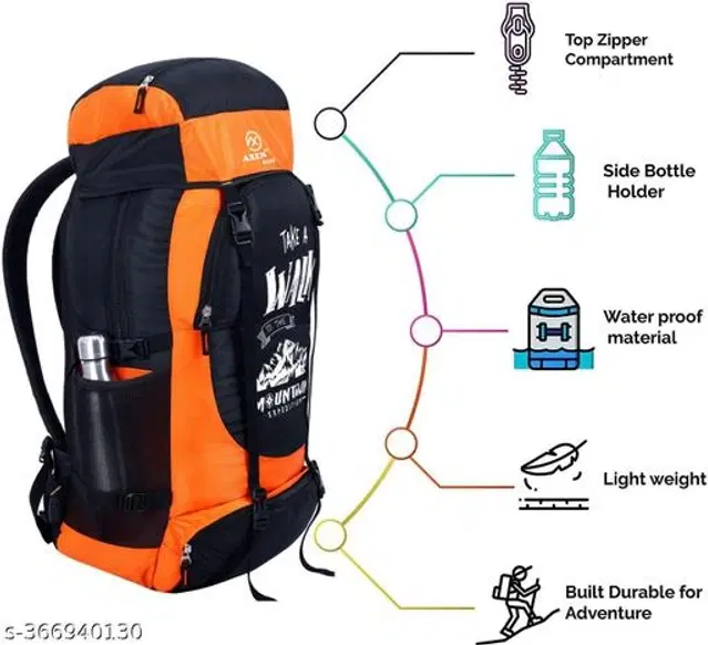 Polyester Trekking Backpacks, Orange & Black, 70 L