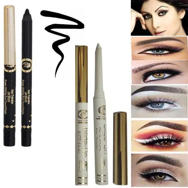 Combo of 1 Colors Queen One Stroke 100 % Waterproof Super Black Soft Kohl Kajal 1., 2 g & 1 Colors Queen Glide On Non Transfer Pure White Auto Kajal Single Stroke Eyeliner Pencil, R961