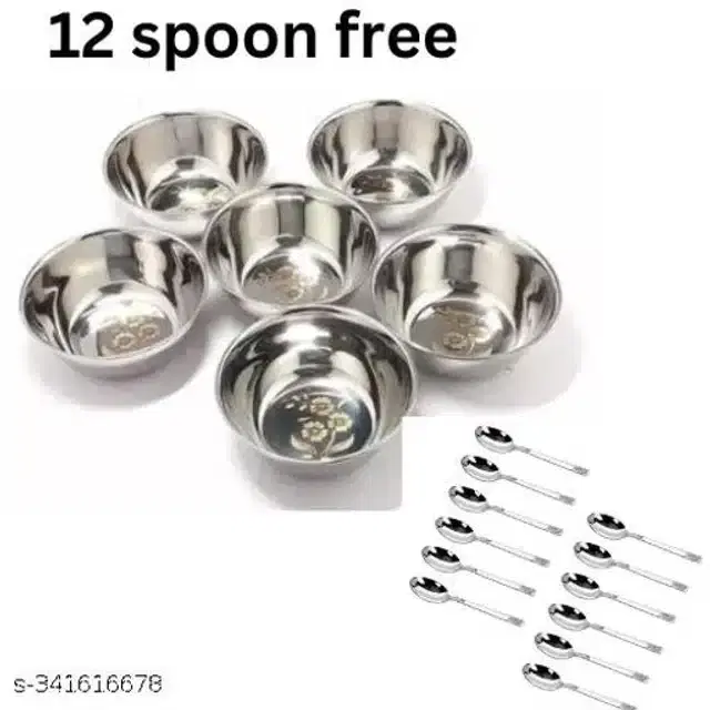 Stainless Steel 6 Pcs Bowls with 12 Pcs Spoon, Silver, Set of 2