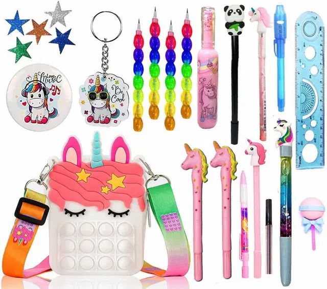 Pack of 24 Pcs Combo of Unicorn Stationery Set for Kids Pop It Bag for Girls with Pen,Pencil & Stationery Item (Pack of1)