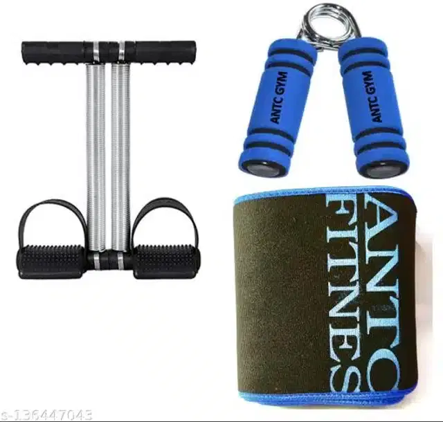 Double Spring Tummy Trimmer with Hand Gripper & Sweat Belt, Multicolor, Set of 3