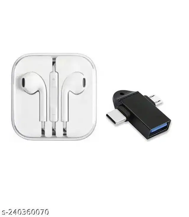 Wired Earphone with 2 in 1 Type C Micro OTG Male to USB A 3.0 Female, White & Black, Set of 2