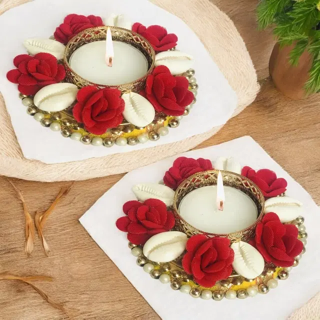 Metal Designer Tealight Candle Holder, Multicolor, 8.5x8.5x2.5 cm, Pack of 2