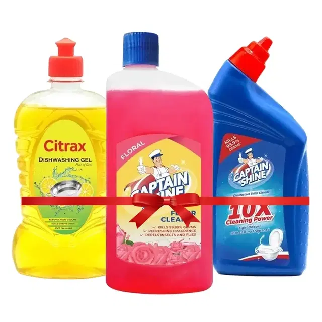 Captain Shine Disinfectant Floor Cleaner 500 ml (Floral) + Captain Shine Disinfectant Toilet Cleaner 500 ml + Citrax Dishwash Gel 500 ml (Bottle)