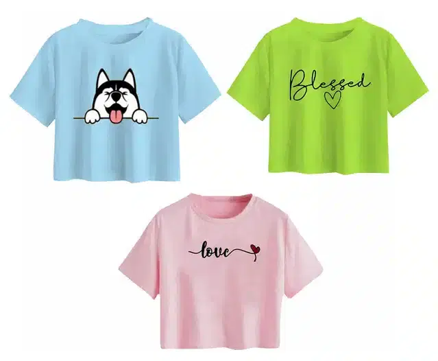 Cotton Printed Crop Tops for Girls, Pack of 3 (Multicolor, 14-15 Years)