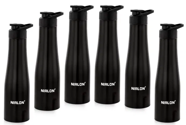 Nirlon Tall Bell Single Wall Stainless Steel Water Bottle 1000Ml, Water Bottles For Fridge, School,Gym,Home,Office,Boys, Girls, Kids, Leak Proof(Black Colour|Sipper Cap|Set Of 6)