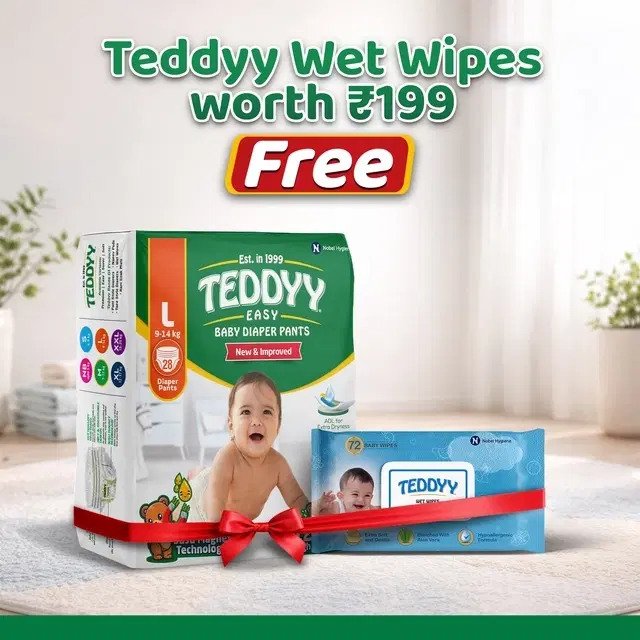 Teddyy Baby Easy Diapers Pants (Large) 28 Pcs + Free Teddy Wet Wipes (With Lid) 72 Pcs