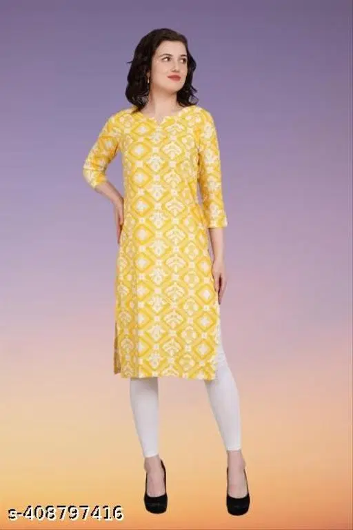 Polycotton Printed Kurti for Women, Yellow (S)