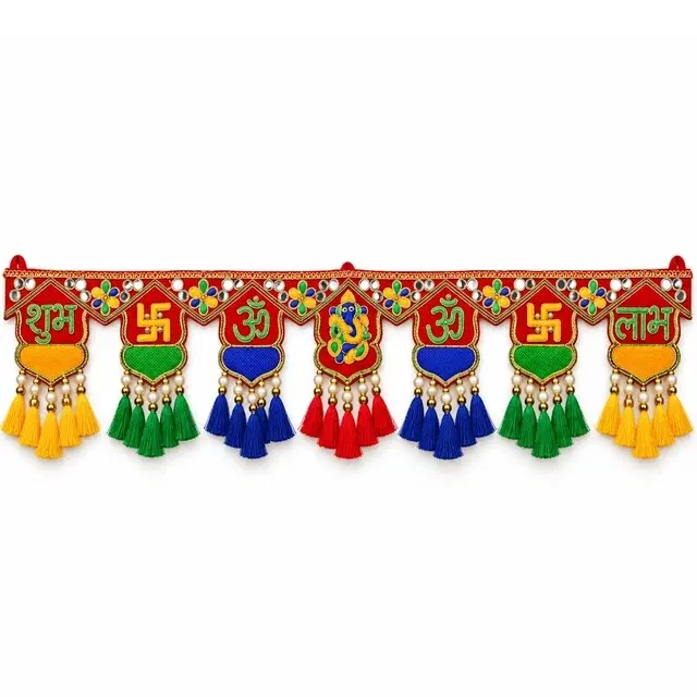 Shubh Labh Ganesha Om Swastika Multi-Color Fabric Door Toran