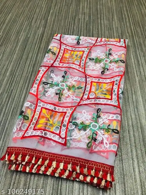 Net Embroidered Scarves for Women, Multicolor (Floral, Mirror Work)