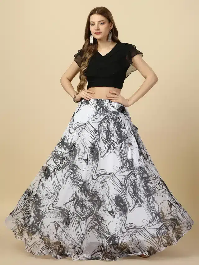 Georgette Semi Stitched Lehenga Choli for Women (Black, Free Size)