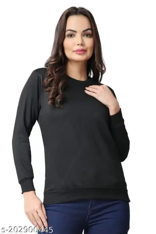 Fleece Solid Full Sleeves Round Neck Sweatshirt for Women (Black, S)