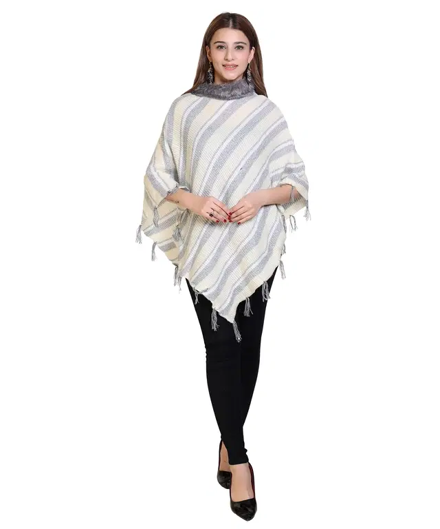 Woolen Self-Design Ponchos for Women (Off White, L)