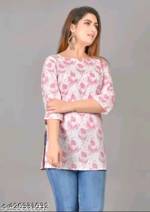 Cotton Printed Short Kurti for Women, Pink (XS)