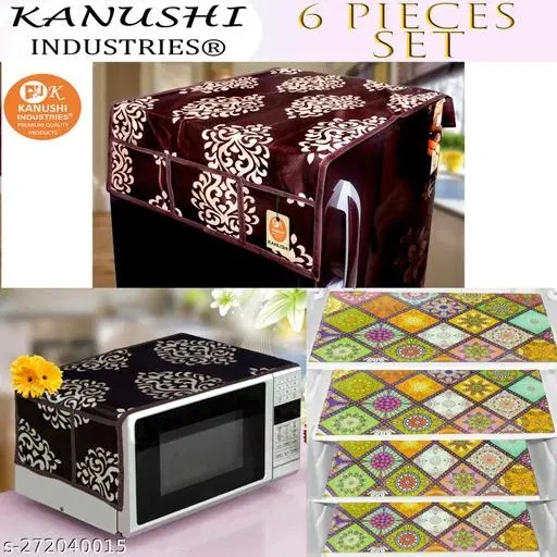 KANUSHI Industries® 1 Pc Microwave/Oven Top Cover + 1 Pc Fridge/Refrigerator Top Cover + 4 Fridge Mate(Color-Brown) (Micro+FRI-Brown-Floral+M-22-04)