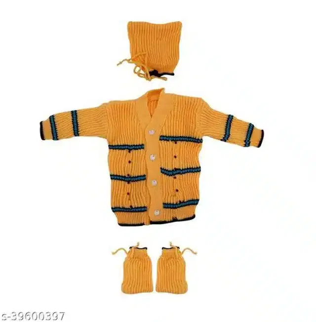 Woolen Striped Sweater with Cap & Socks for Kids (Mustard, 0-3 Months)