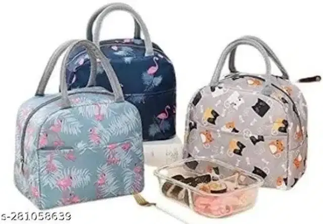 Polyester Printed Lunch Bags, Multicolor, Pack of 3