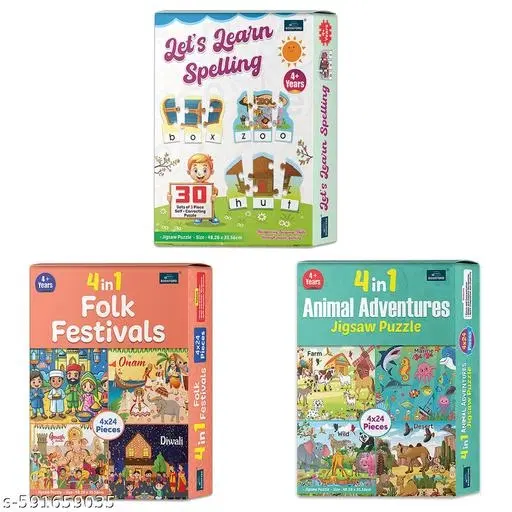 4 In 1 Animals Adventures + 4 In 1 Folk Festivals + Let's Learn Spelling | Engaging Puzzle Learning Fun for Kids (282 Pieces) | Set of 3