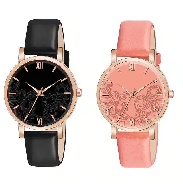 Designer Leather Analog Watch for Women & Girls, Pack of 2 (Black & Orange)