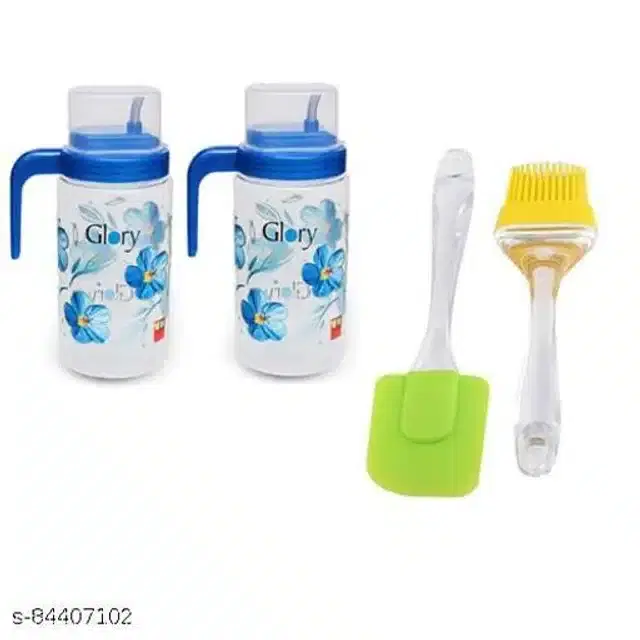 2 Pc Plastic Oil Dispenser with Spatula & Oil Brush, Multicolor, Set of 4