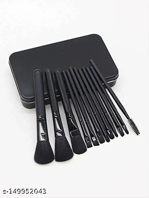 Soft and Synthetic Bristle Makeup Brushes Kit with A Silver Storage Box- Black Colour, Set of 12
