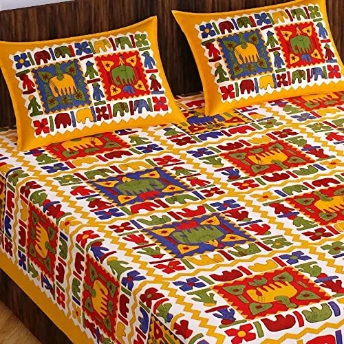Cotton Abstract Rajasthani Jaipuri Double Bedsheet with 2 Pillow Covers Multicolor, 90x100 inches