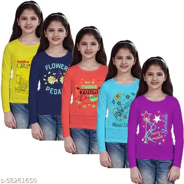 Cotton Full Sleeves T-Shirt for Girls, Pack of 5 (Multicolor, 18-24 Months)