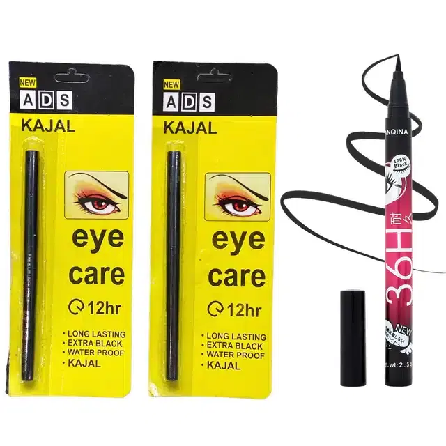 ADS Waterproof Eye Care Kajal Pencil, Black, Set of 3