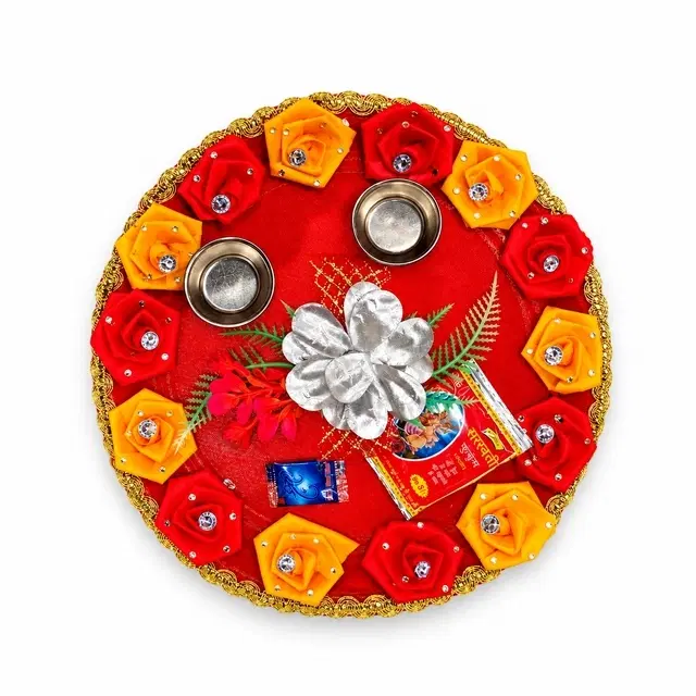 Rose Design Red Velvet Stainless Steel Pooja Thali Set