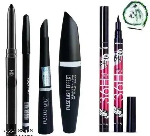 Combo Of Waterproof Eyeliner, Mascara With Eyebrow Pencil A-18 3 g (Black) & 2 Long Lasting Eyeliner Pencil & Ads Kajal